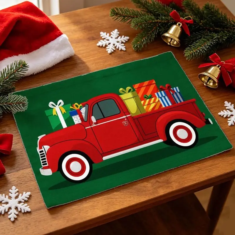 Christmas Placemats Set Vintage Red Truck Cushion Linen Table Mats Gift Box Printed Heat Resistant Kitchen Dining Decor