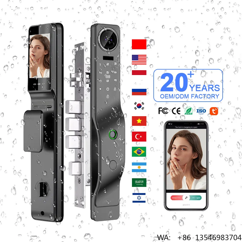 Ip65 3D Face Recognition Automatic Slim Tuya Smart Fingerprint Door Lock with Camera Smart Aluminum Sliding Door Smart Locks