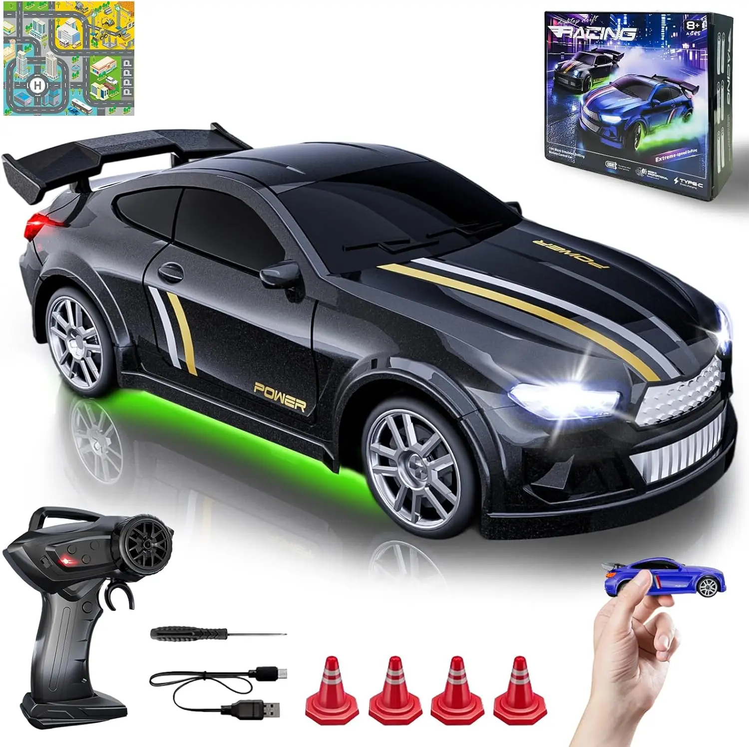 

Mini RC Drift Car 1:64 Scale, Remote Control Car with LED Lights & 2-Speed Modes, 2.4GHz Stunt Drifting RC Toy