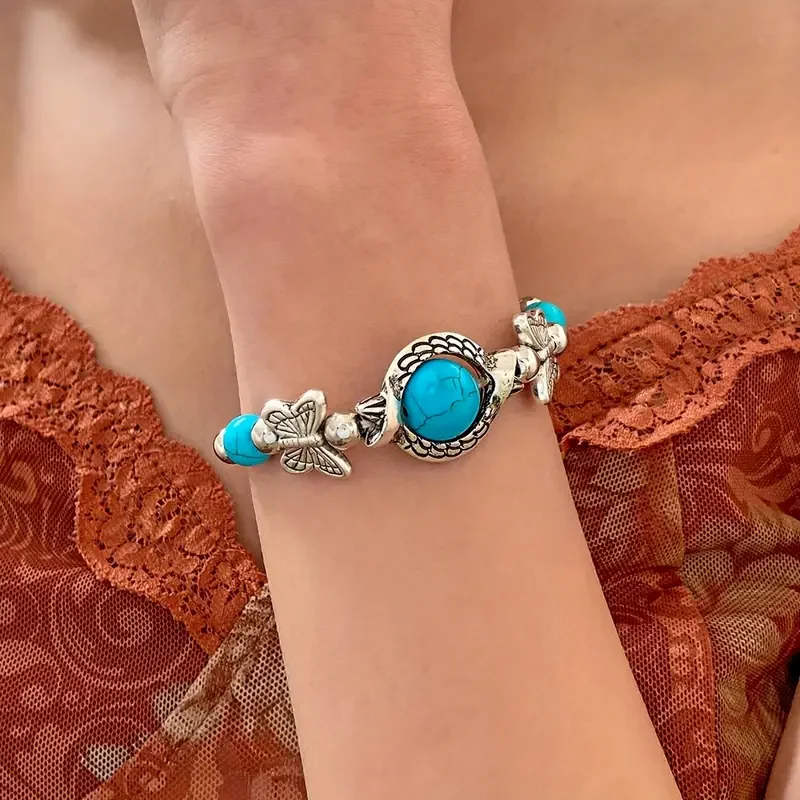 Unique Cuff Bangle Bracelet Iron Jewelry With Faux Turquoise Inlaid Vintage Bohemian Style Personality Female Hand Jewelry