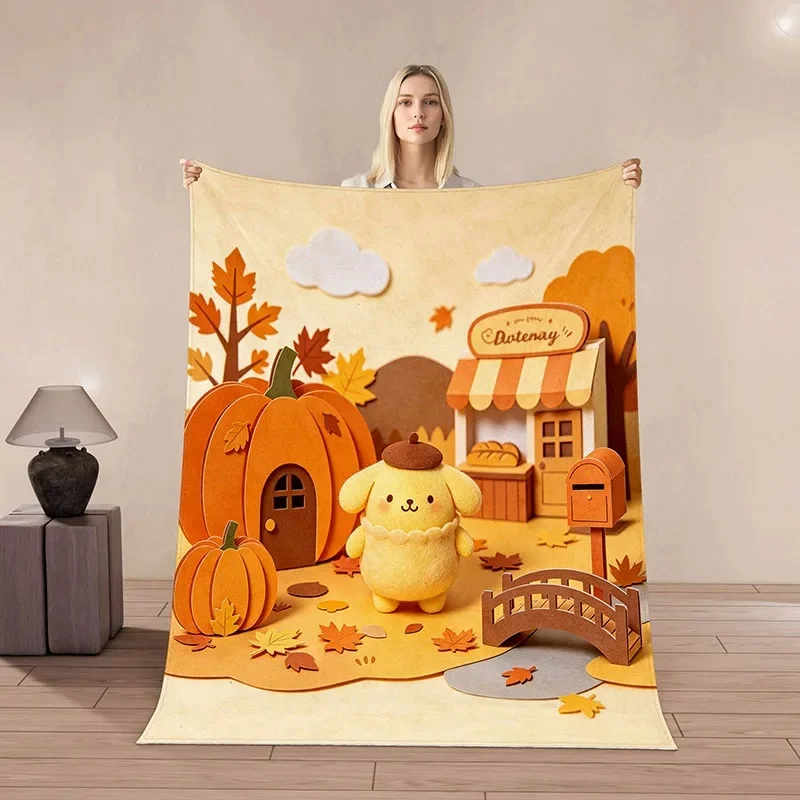 Pompompurin Flannel Blanket, 3D Cute Fall Harvest Puppy Print Fuzzy Throw Blanket, Soft Blanket For All Seasons Sofa Bedroom Use
