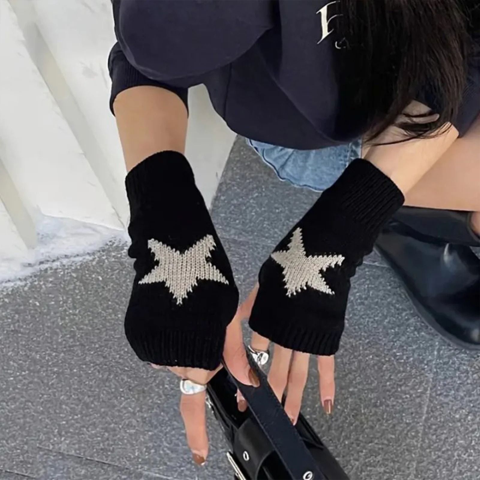 Y2K Star Knitted Gloves Women Pentagram Half Finger Warm Mitten Autumn Winter INS Fashion Five Pointed Star Fingerless Gloves