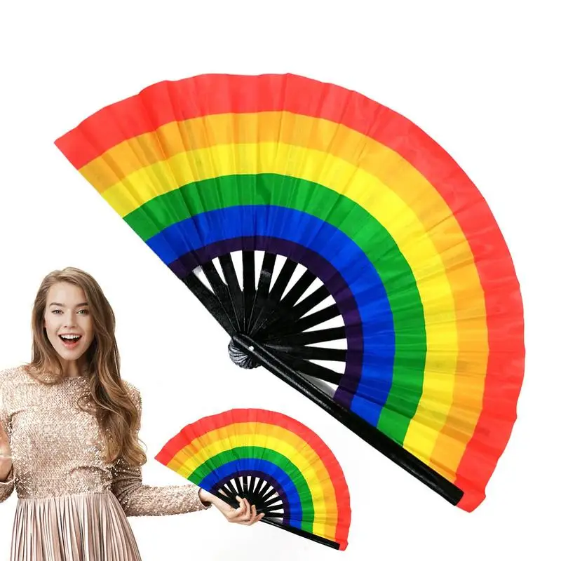 1pc Large Folding Hand Fan Fold Dot Rainbow Print Festival Handheld Fan 33cm Large Folding Hand Fan Handheld Fan Art Craft