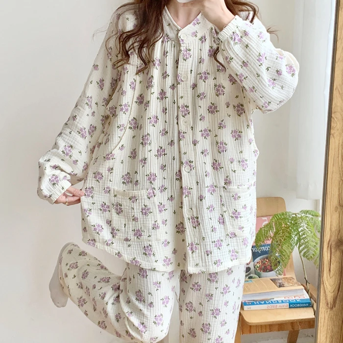 100% Cotton Double Gauze Maternity Nursing Sleepwear Set Breathable Loose Lacation Breastfeeding Pajamas Pregnancy Home Hospital