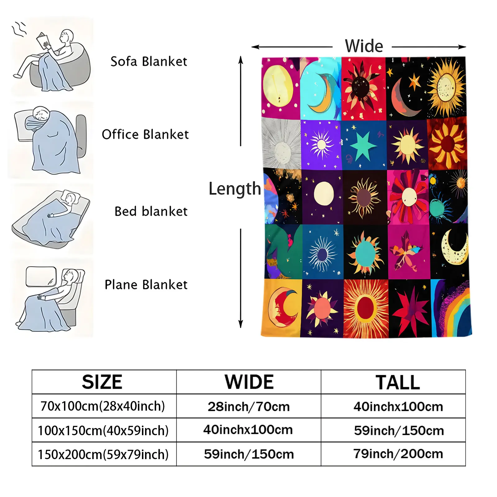 Colorful Celestial Patchwork Flannel Throw Blanket Psychedelic Sun Moon Star Rainbow Grid Light‑Weight Plush Blanket Home Sofa