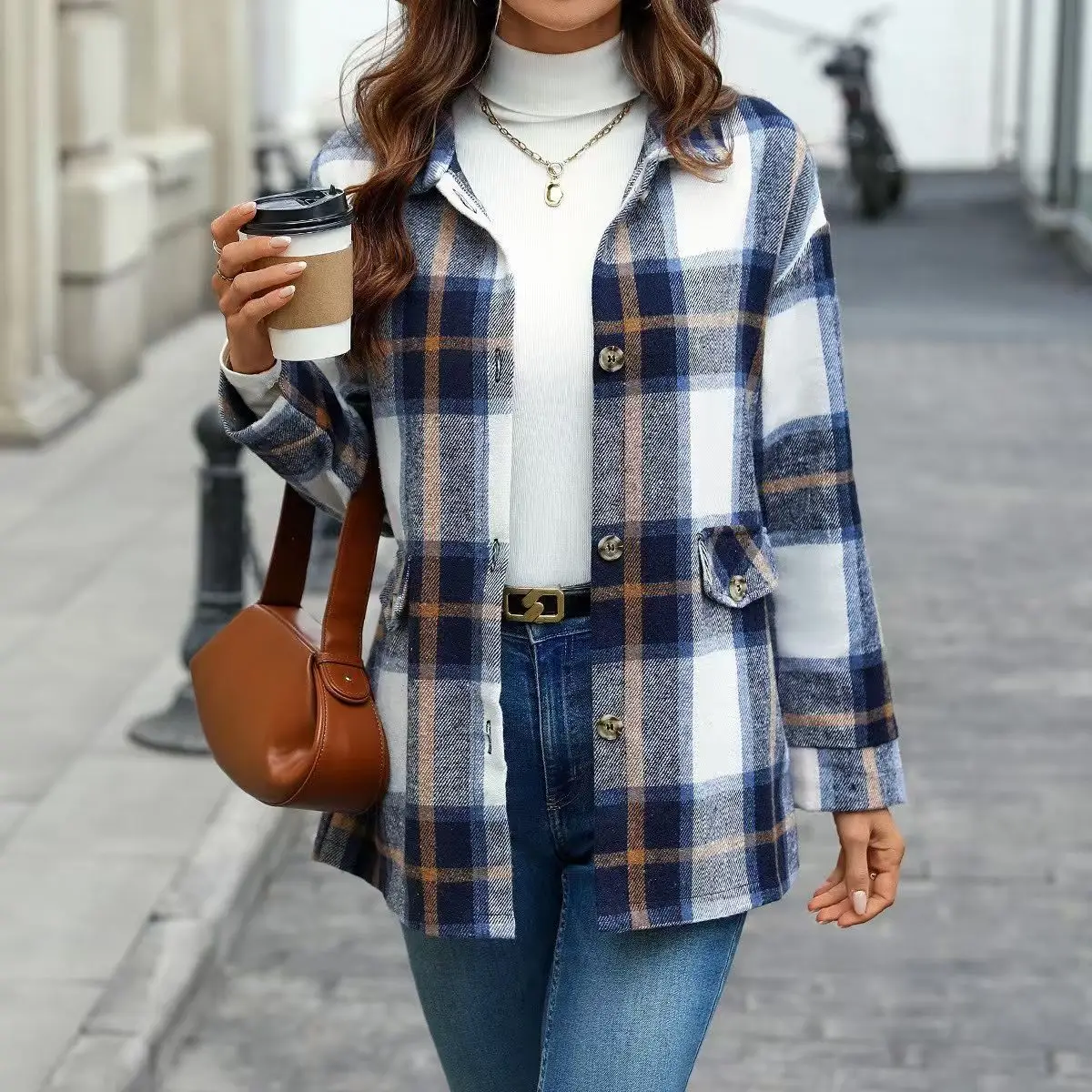 Fashionable Thickened Red Plaid Women's Coat 2025 Autumn Winter Season Versatile Outerwear Commute Style Button Detail Woolen...