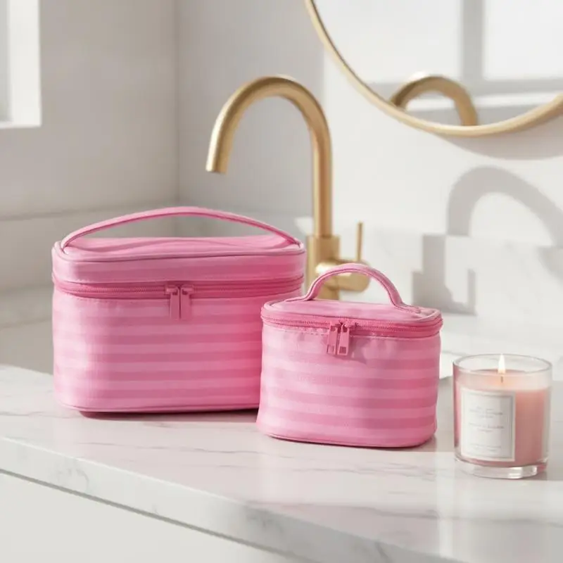 Rosa gestreifter, geräumiger, tragbarer Reise-Make-up-Beutel mit Spiegel, Handtasche für Kosmetikartikel, Geschenk für Frauen. – Detail 4