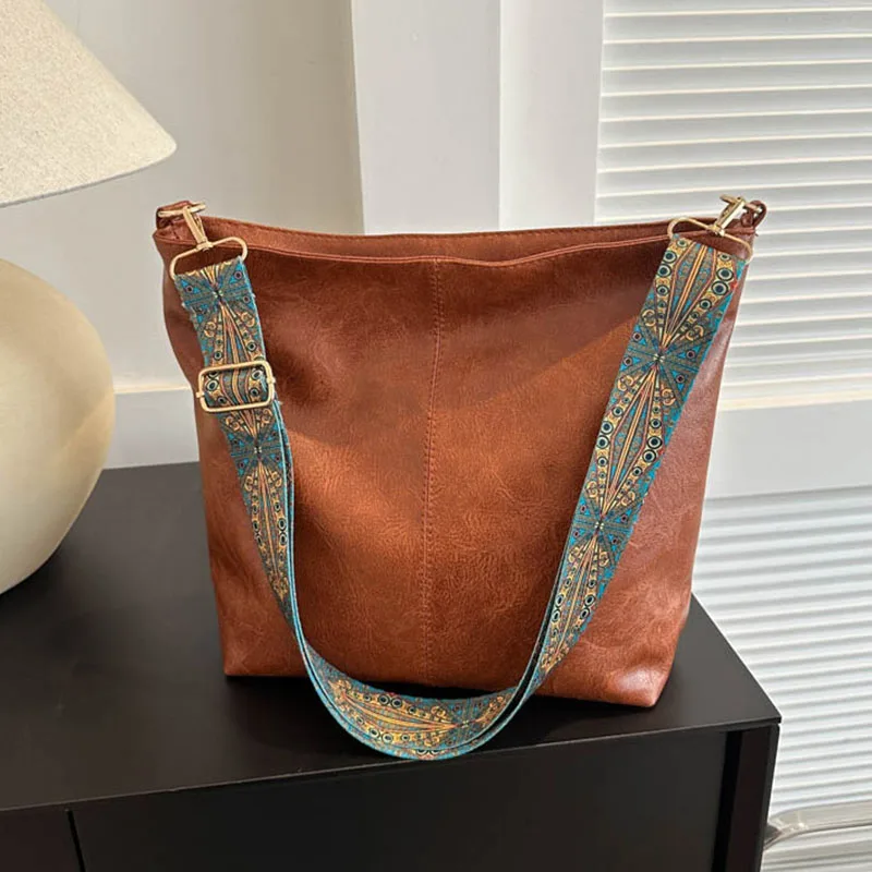 Borsa a tracolla larga con tracolla geometrica borse a tracolla di grande capacità per donna, borsa da donna in pelle Pu retrò per lo Shopping e i