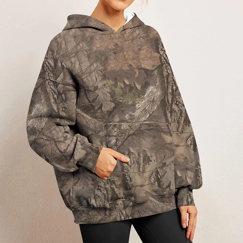 Women\'s Camo Hoodie Maple Leaf Print Oversized Sweatshirt Fleece Hooded Sweatshirt Casual Pullover With Pockets