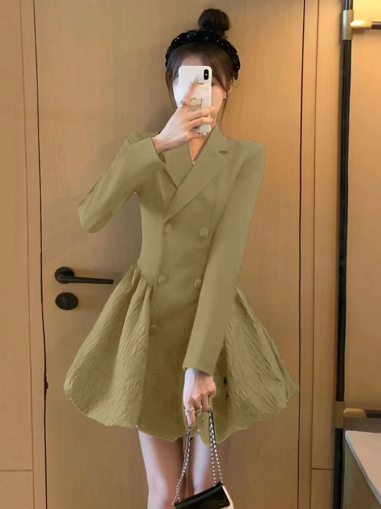 2024 Women's Clothing Double-breasted  Pleated Mini Woman Dress Slim Fit Long Sleeve Solid Dresses Korean Y2k Vestidos De Mujer