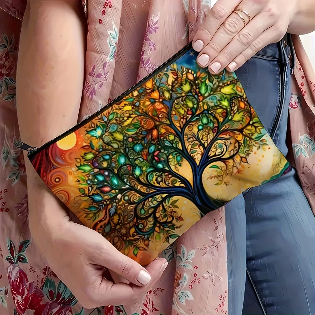 1pc Tree of Life Makeup Bag - Vintage Cosmic Design Cosmetic Organizer with Earthy Tones & Bright Colors