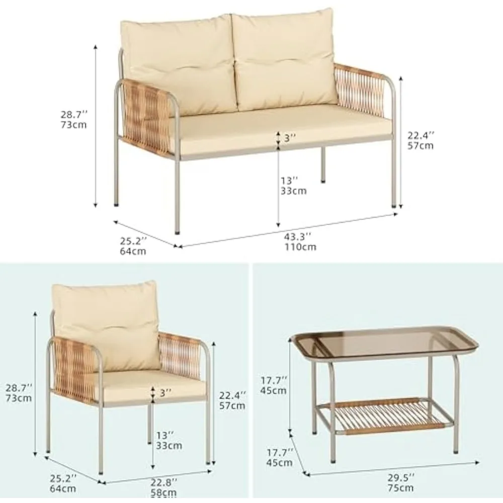 4 Pieces Patio Furniture Set, Wicker Outdoor Conversation Set, All-Weather Rattan Bistro Set with Loveseat Set, Coffee Table