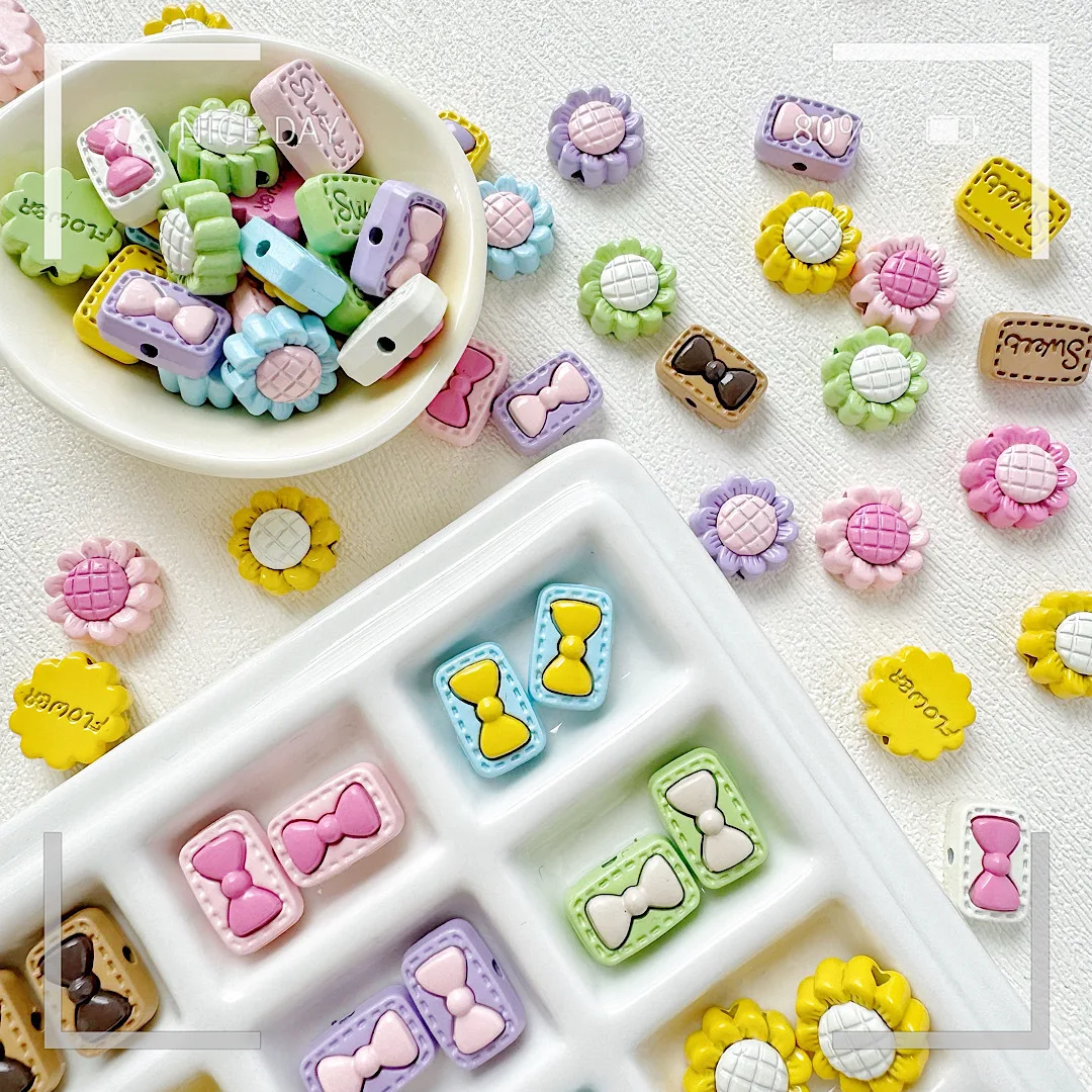 10pcs Macaroon Colour Cute Sunflower Bow Box Beads Baked Paint Zinc Alloy Loose Spacer Beads For Jewelry Making DIY Accessories