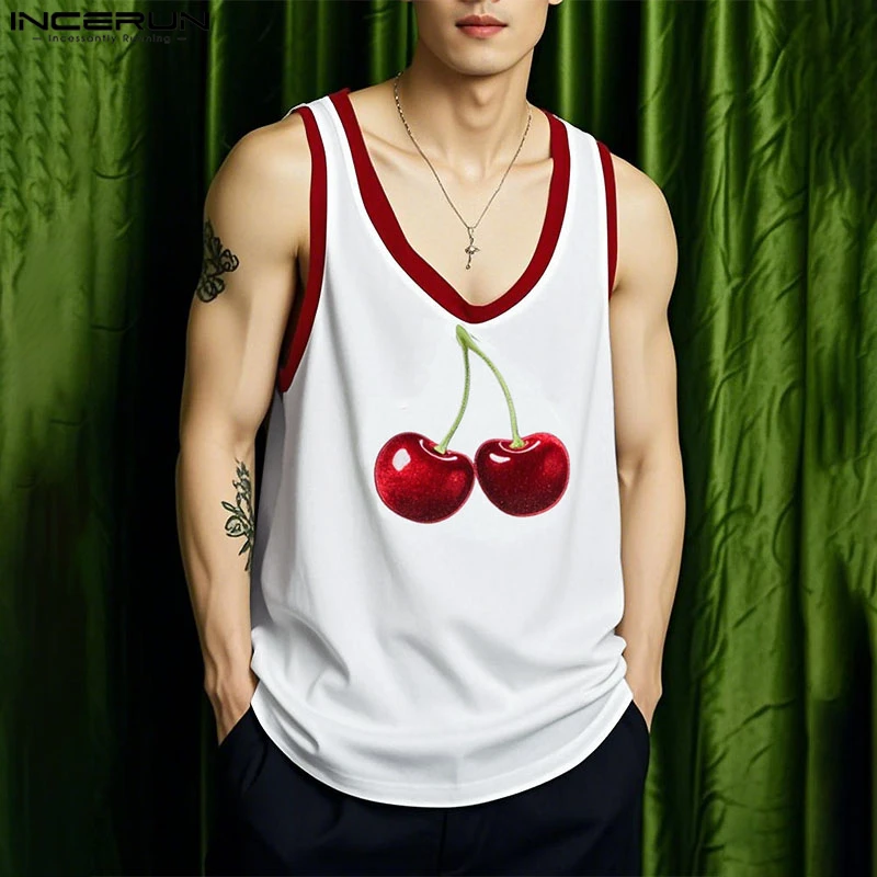 INCERUN Men Tank Tops Printing Patchwork V Neck Sleeveless Summer Male Vests Streetwear 2025 Loose Fashion Casual Men Clothing