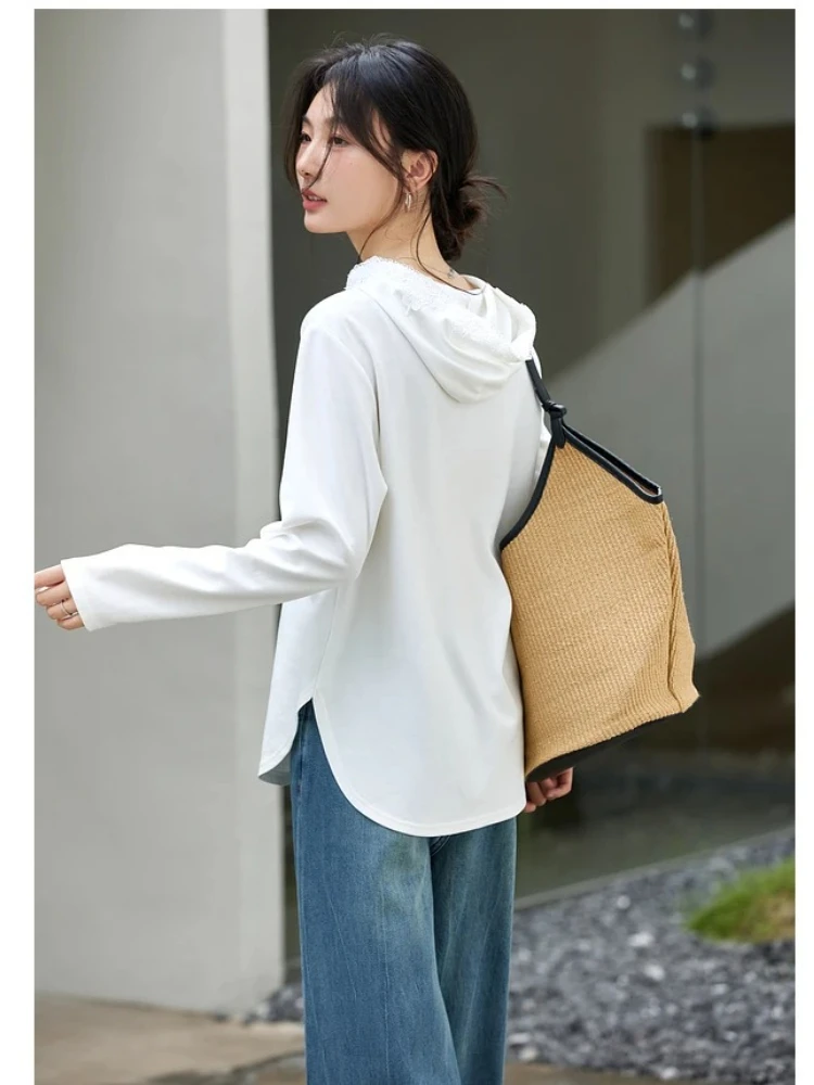 VIMLY Women's White Long Sleeve Tops Casual Lace Hooded Ladies Tees Autumn 2025 New Elegant Knitted Cotton T-shirts Femmes A2135