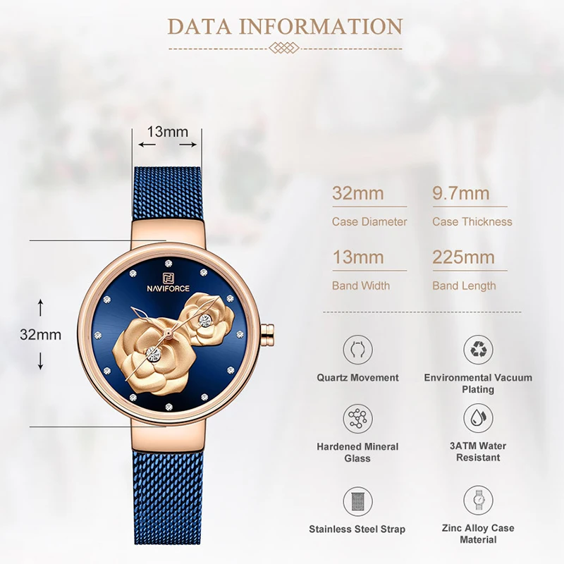 NAVIFORCE Fashion Brand Casual Wild Female Wristwatch Steel Strap Watch for Women Waterproof Flower Dial Design Ladies Bracelet