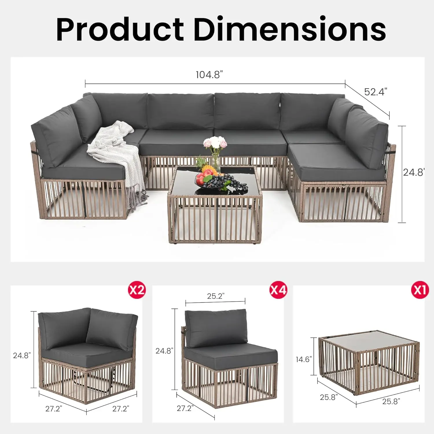 Pamapic 7-teiliges Outdoor-Sektionsset, Allwetter-Terrassen-Gesprächsset aus PE-Rattan, verstellbares Terrassenmöbel-Set aus Korbgeflecht mit