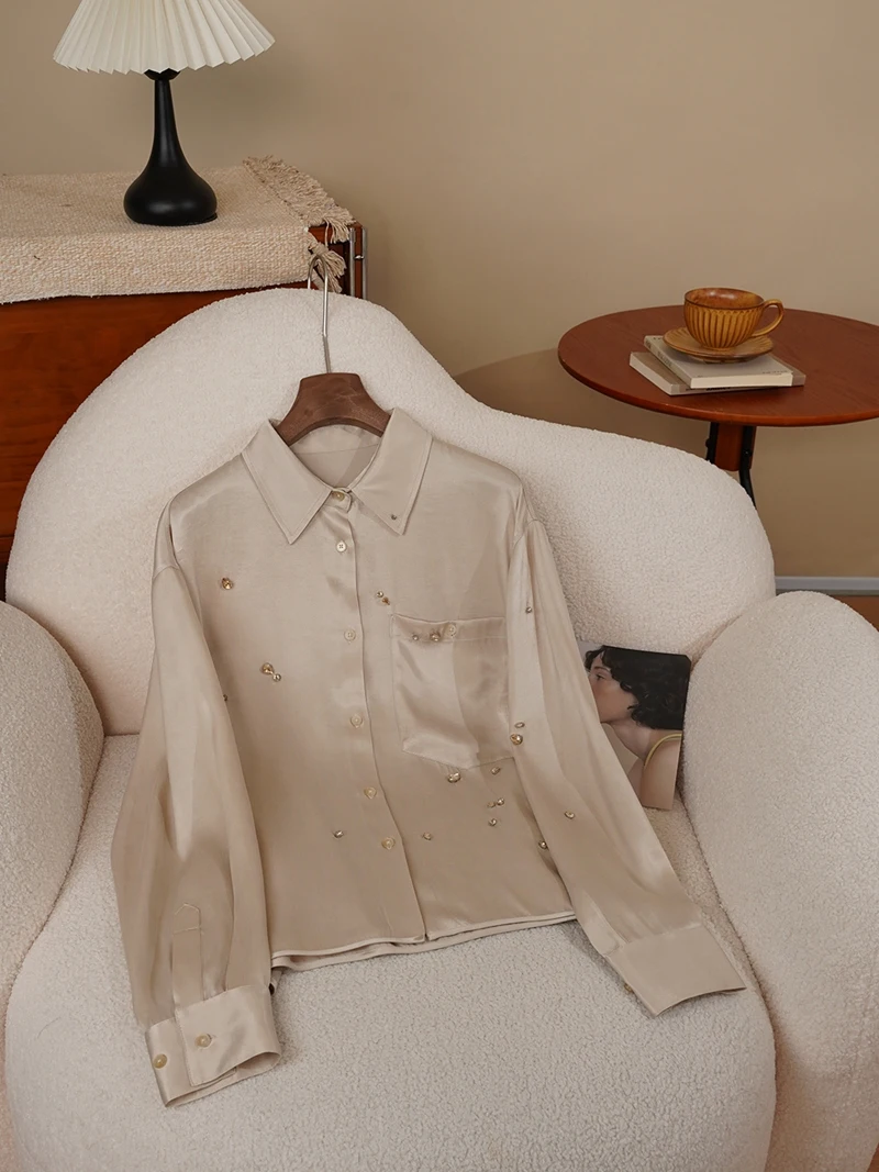 

Женский атласный топ цвета хаки и длинный светик со стразами, осенняя мода, длинный воротник-стойка, официальная одежда