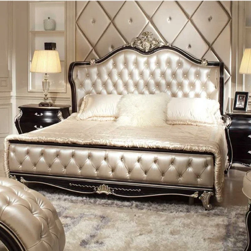 Neoclassical bedroom furniture, solid wood carving flower princess bed