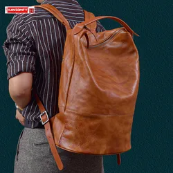 Retro Men's Leather Backpack Travel Backpacks Large Capacity Laptop Bag Cowhide Casual Men Schoolbag Handheld Bucket Backpack