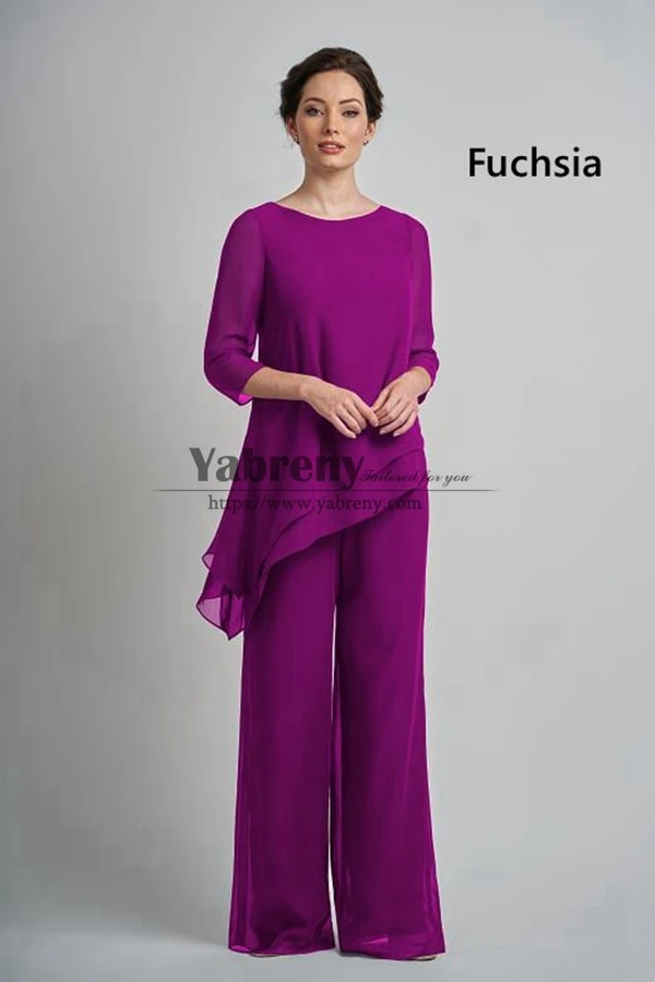 

2 Piece Mother of the Bride Pant Suits, Fuchsia Chiffon Spring Women Elastic Waist Pant Outfits