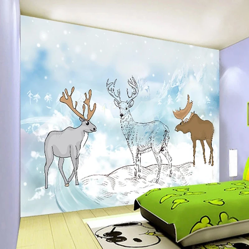 Custom Any Size Mural Wallpaper 3D Hand Painted Children's Room Cartoon Snowflake Elk Cartoon Wall Painting Papel De Parede 3D