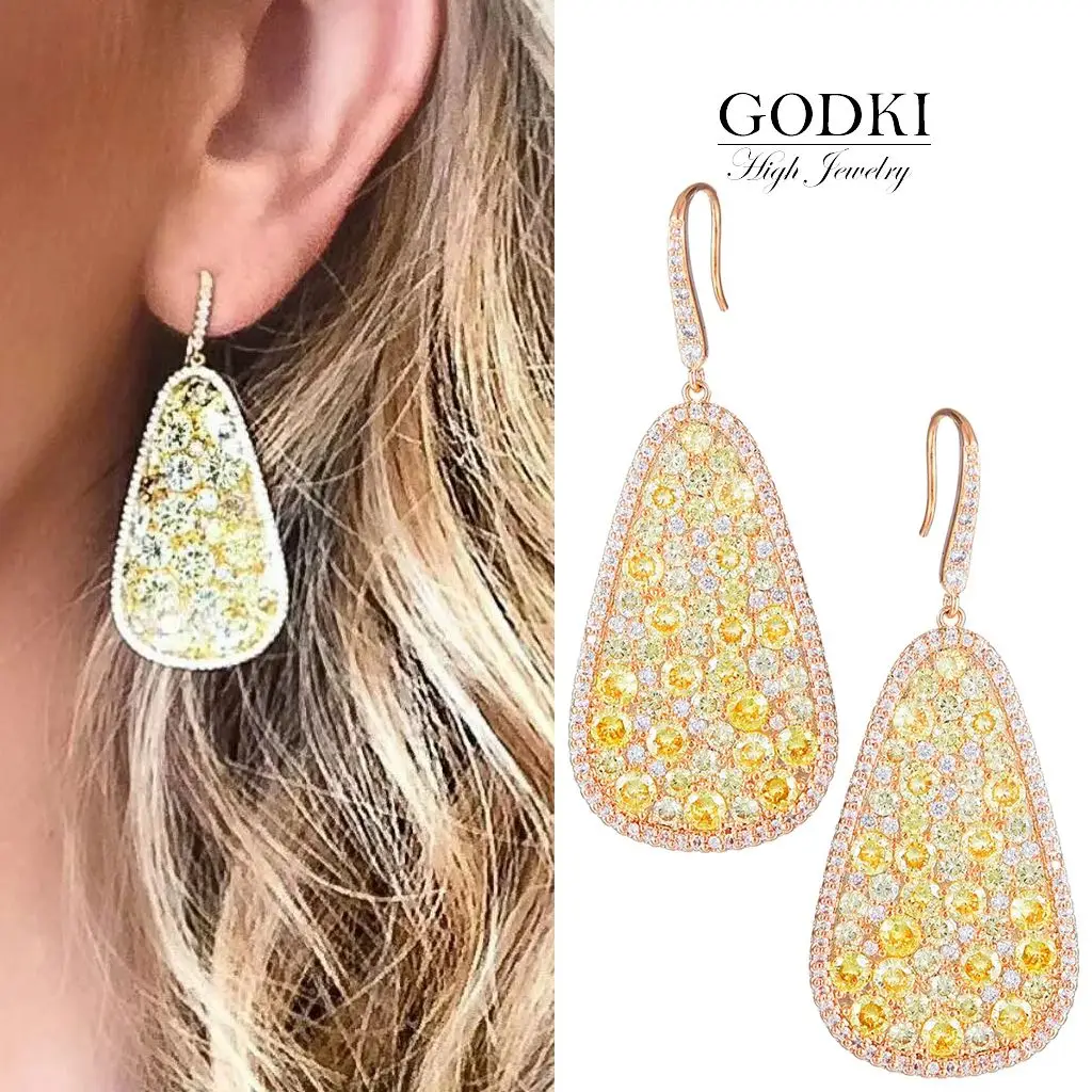 GODKI Red Carpet Yellow Lemon Dangle Earrings for Women Wedding Full Micro Cubic Zircon High Jewelry Dubai Bridal Earring