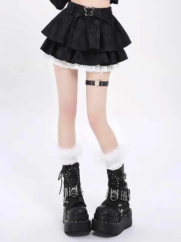 Crazygirl rok lipit model A-line untuk wanita, Rok lipit kue pendek, rok Half Body Puffy, rok Harajuku pola gelap, efek khusus pita kaki panjang, untuk wanita