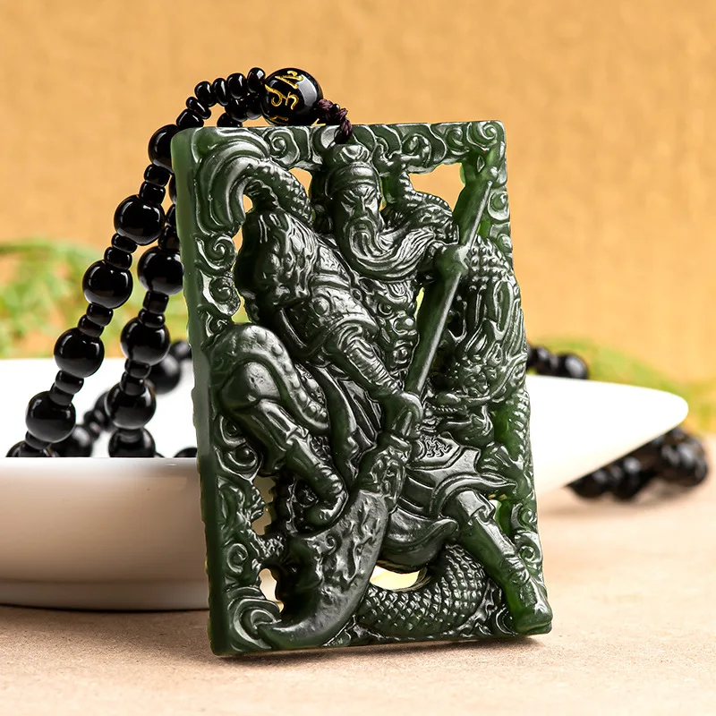 

Certificate Hotan Black Jade Guan Yu Pendant Charm Jadeite Green Stone Natural Emerald Necklace Men Talismans Necklace Jewelry