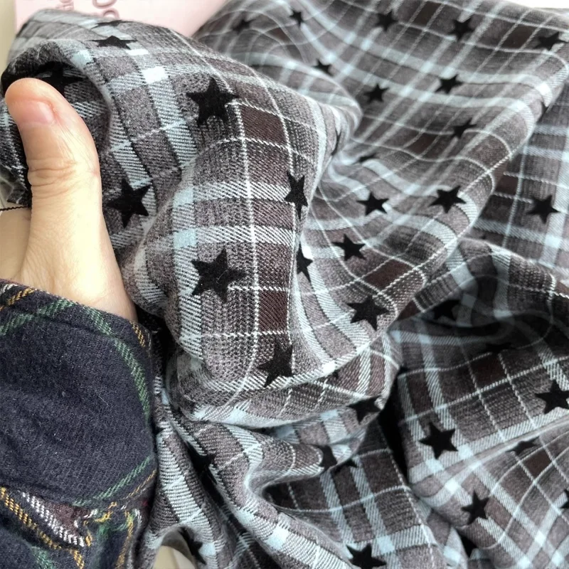 

Polyester Cotton Fabric Blue Plush Brushed Star Grid Fabric Pet Clothes Handmade Dress Shirt Tablecloth