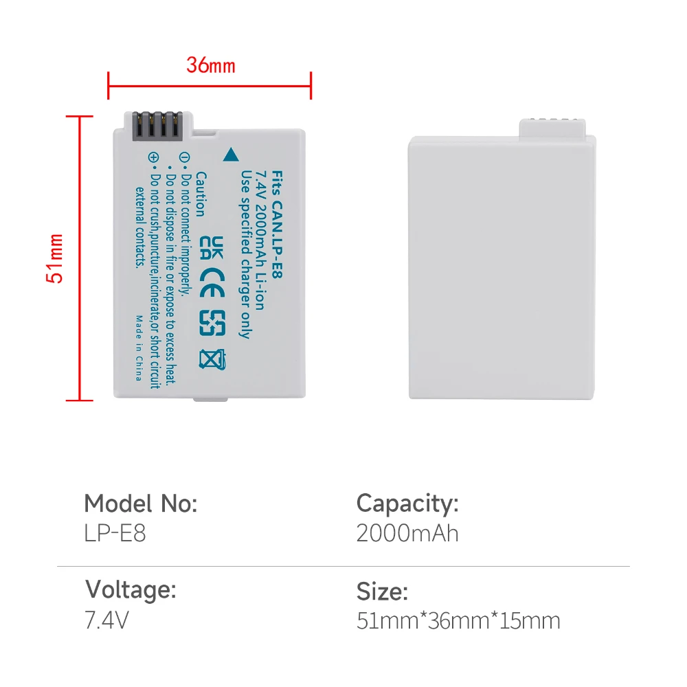 2000mAh LP-E8 LP E8 LPE8 แบตเตอรี่ชาร์จสําหรับ Canon EOS Rebel T3i T2i T4i T5i 600D 550D 650D 700D Kiss X5 X6 X7 กล้อง