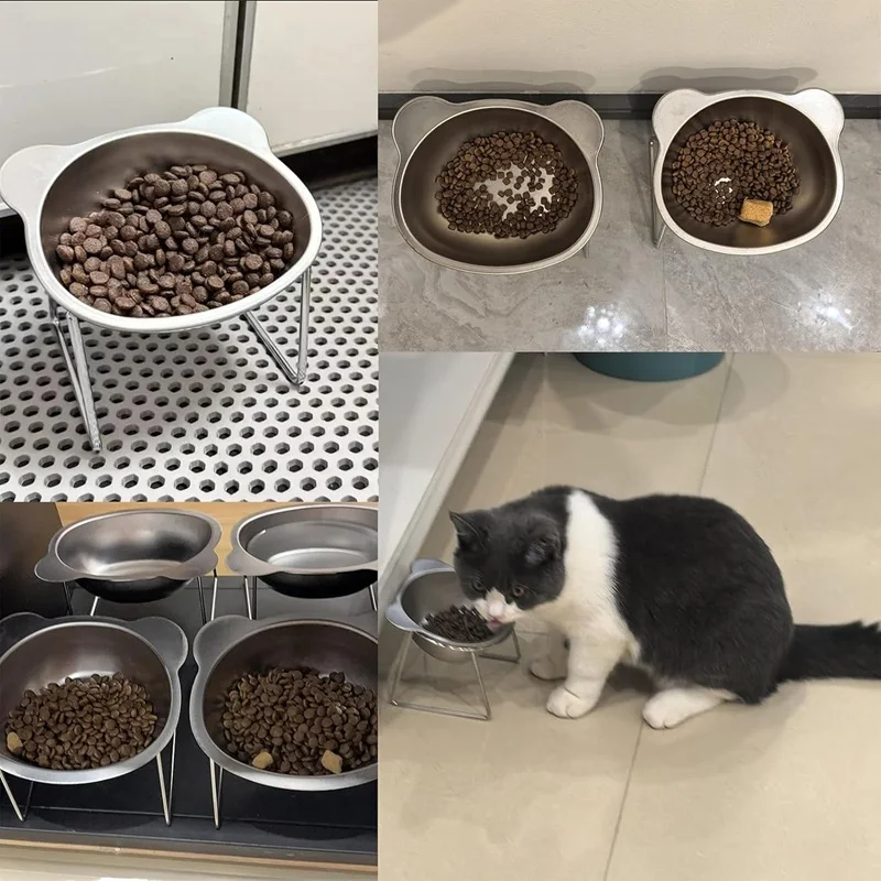 Katzennäpfe mit Neigung für den Nackenschutz, Katzennapf für Innenbereich aus Edelstahl, bruchsicher, erhöht, 15 cm ° Futternapf für Kätzchen und Welpen – Detail 4