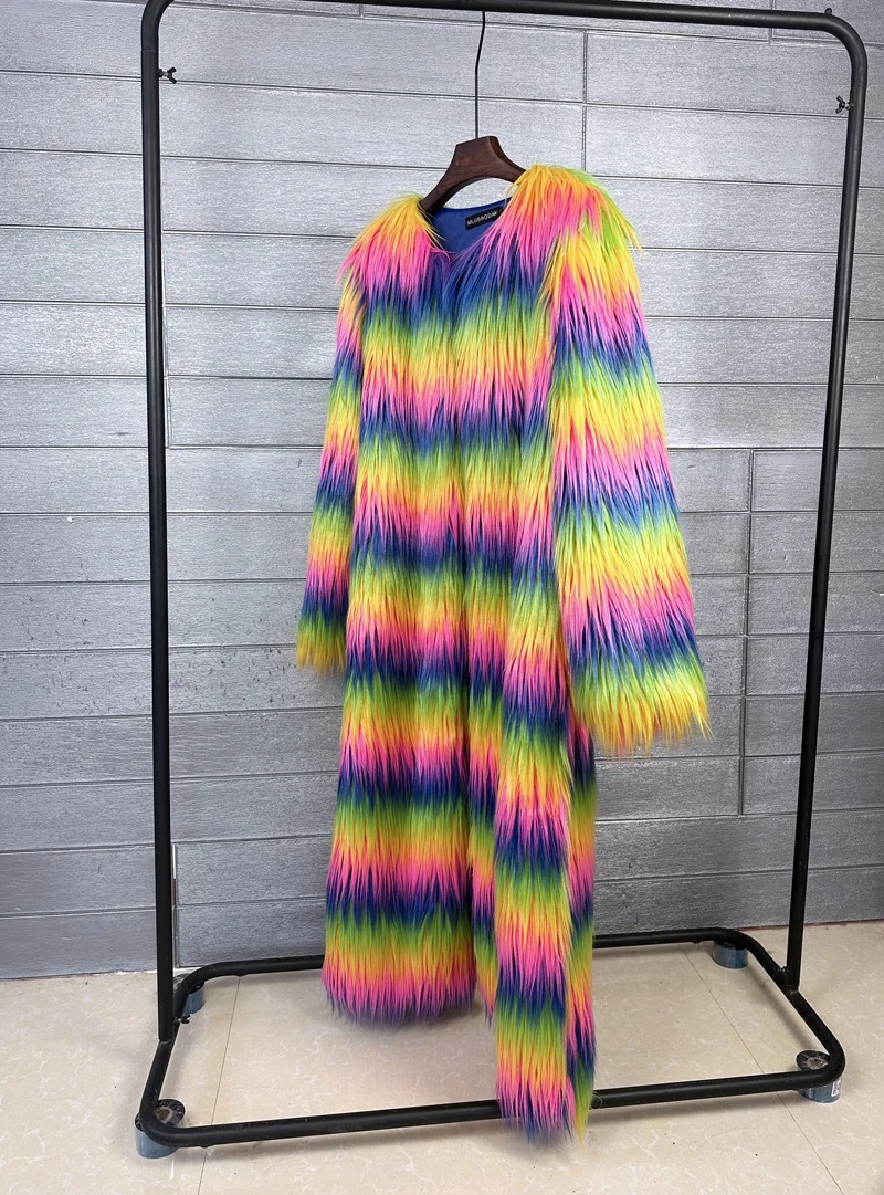 Regenbogenfarbener Pelzmantel aus Bergwolle, verlängerte Länge, Oberbekleidung, feenhafte Lederimitation für Damen und Herren, Pendeln