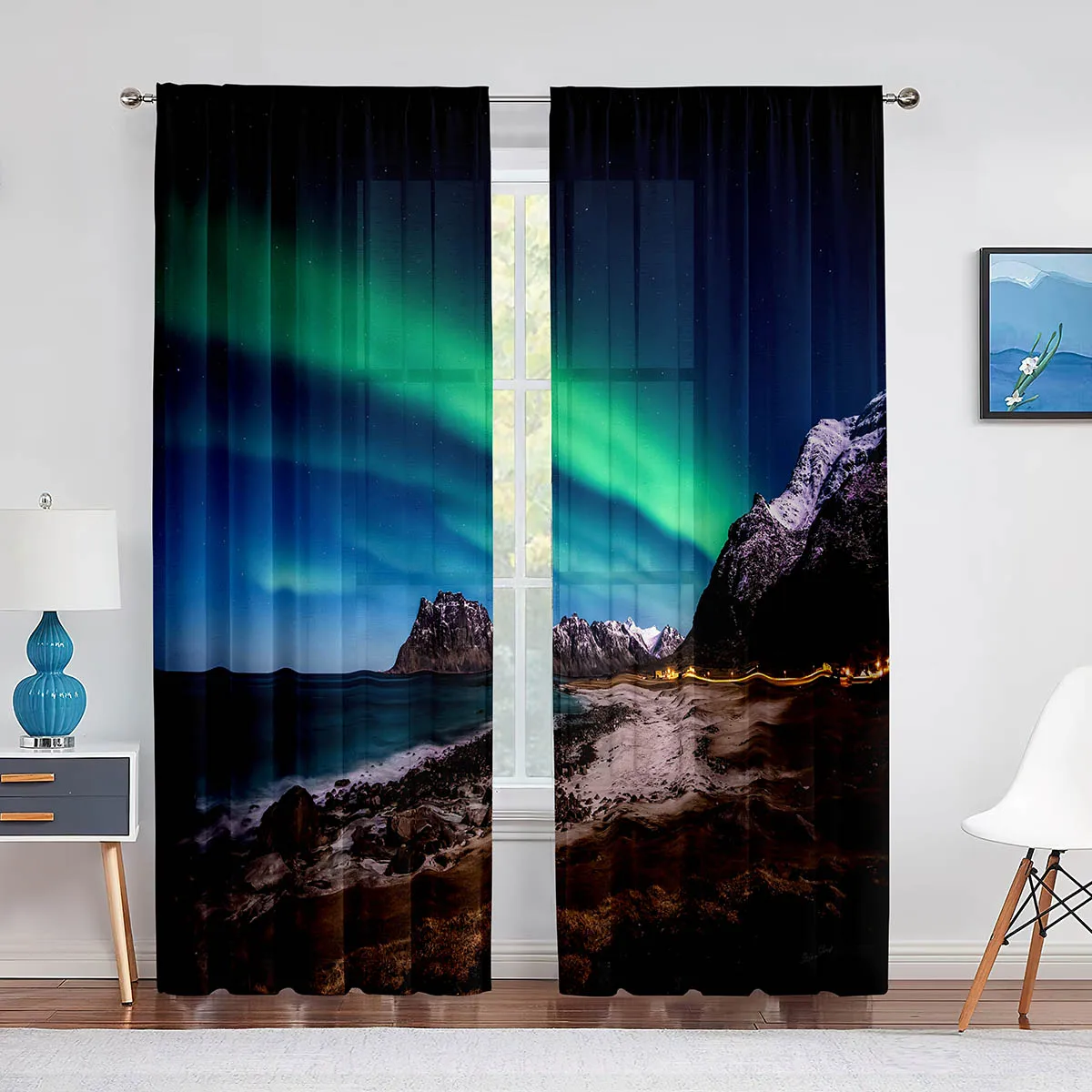 Colorful Aurora Tulle Curtains Beautiful Wonders of Nature Pattern Chiffon Sheer Voile Window Curtain for Bedroom Living Room