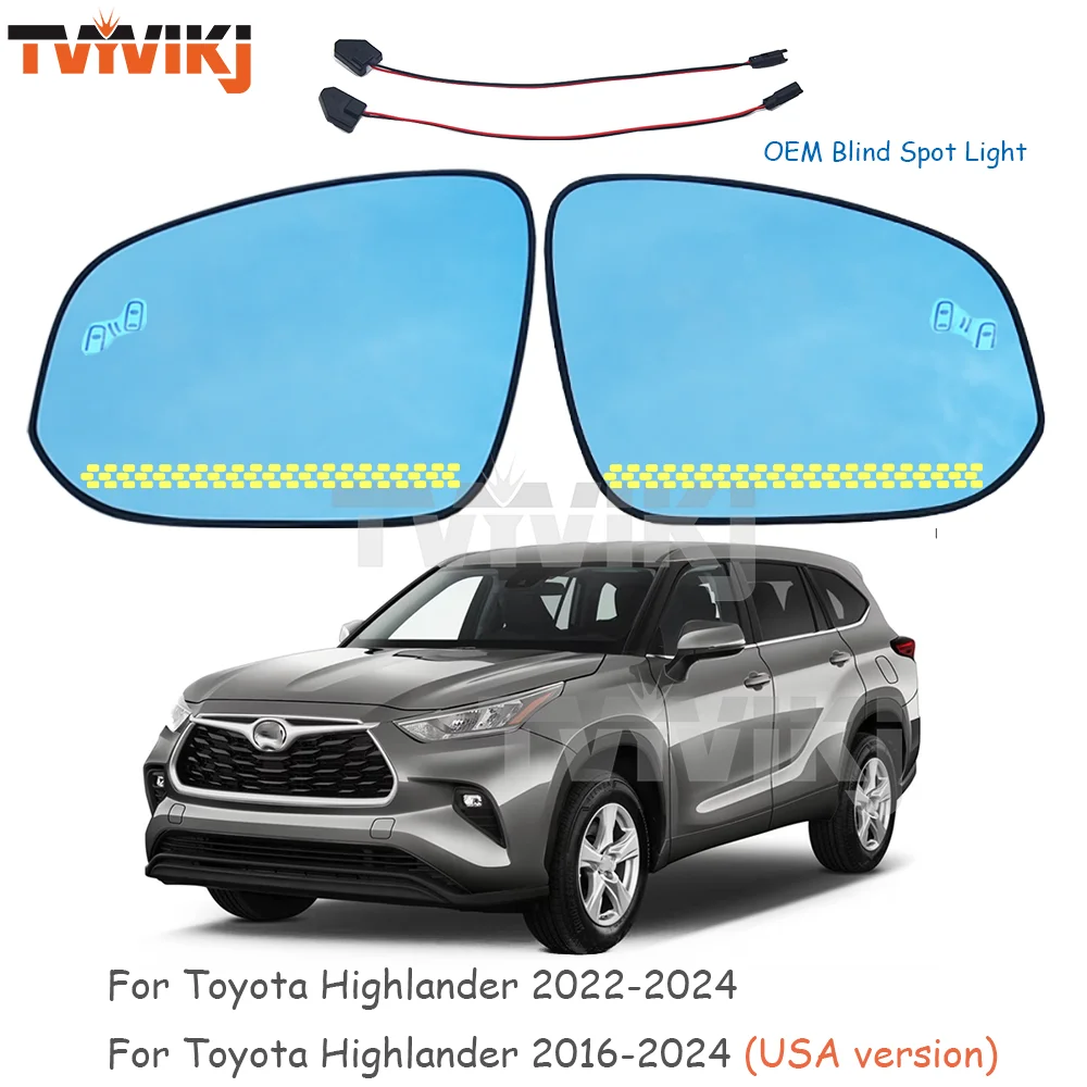 1 pair Side Rearview Mirror Blue Glass LED indicator blind spot For Highlander 2022-2024 Wide angle view anti glare car mirrors