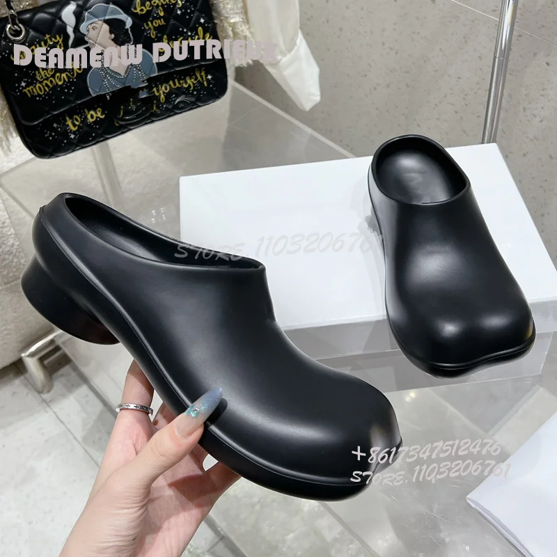 

Black Matte Pvc Wavy Round Toe Slippers Women Low Heel White Flat Shoes Summer Cover Casual Khaki Fashion Sandals Injection Shoe