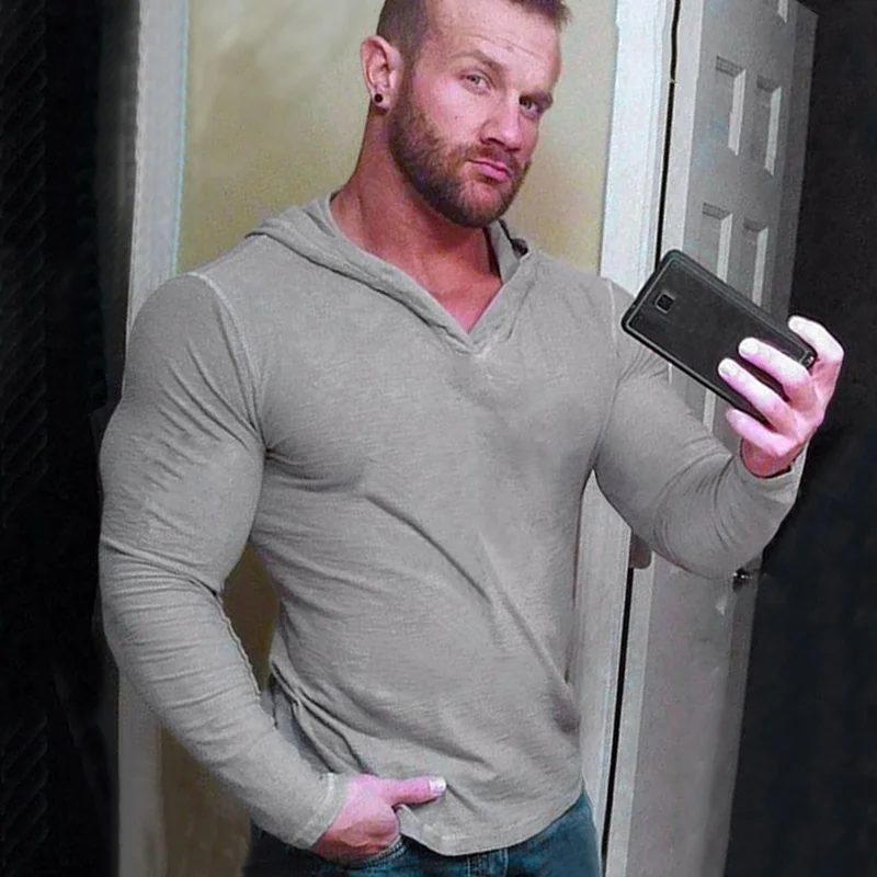 Plain Long Sleeve Slim Fit Hooded Shirts Cotton Breathable Gym Bodybuilding Fitness T-shirts Mens Sport Workout Muscle Hoodie