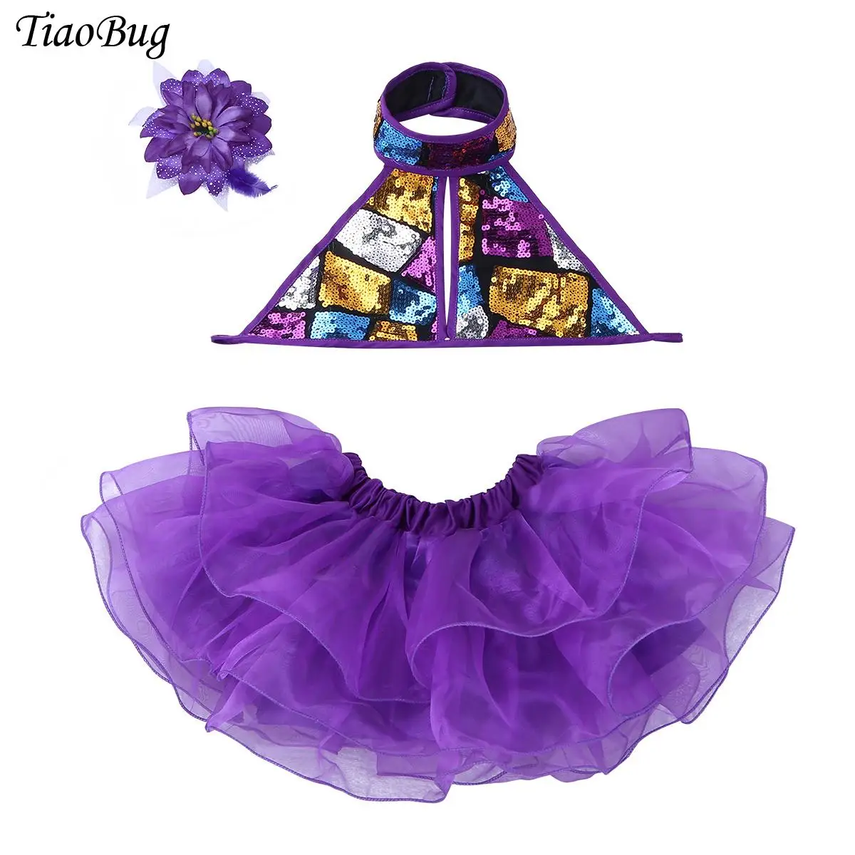 

Kids Girls Halter Shiny Sequins Ballet Dance Dress Strappy Crop Top with Tutu Skirt And Hair Clip Outfit Ballroom Jazz Dancewear
