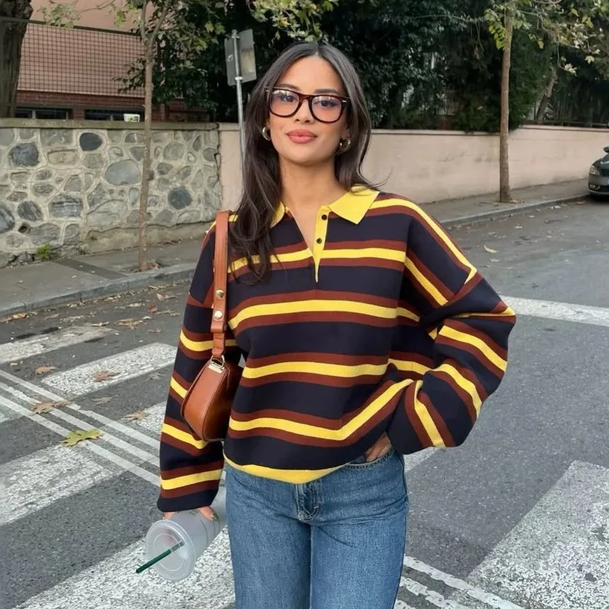 Striped Turn Down Collar Top Regular Fit Minimalist Women T Shirt with Polo Collar Standard Length No Closure Long Sleeve