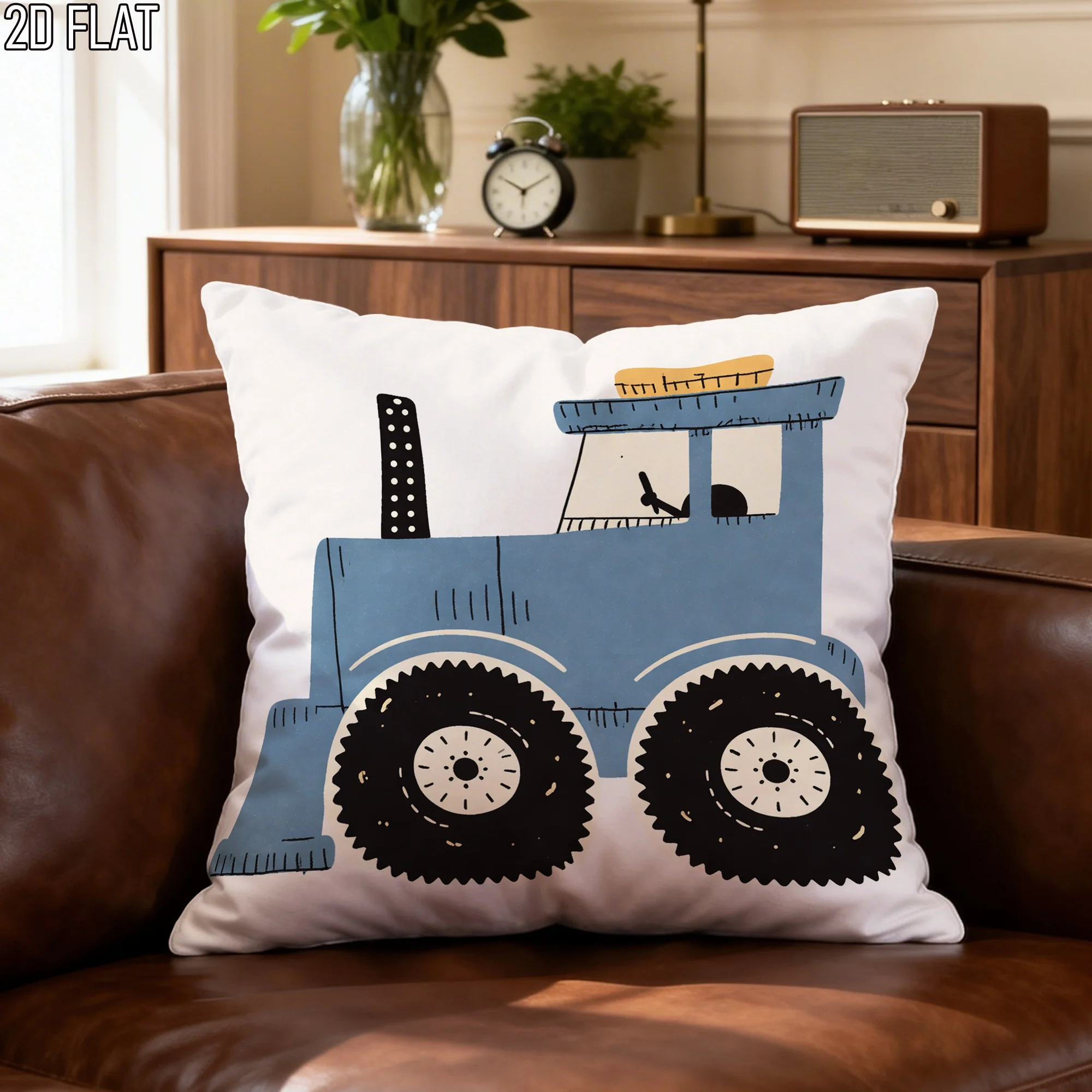 Cute Blue Tractor Pillow Cover Kids Room Farm Theme Decor 16x16 Inch Square White Background Illustration Home Decor