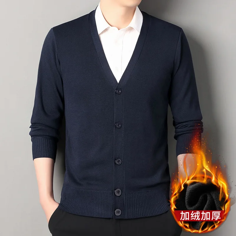 

Осенне-зимний новый свитер, мужской вязаный кардиган, бархатный утолщенный однотонный свитер с длинными рукавами