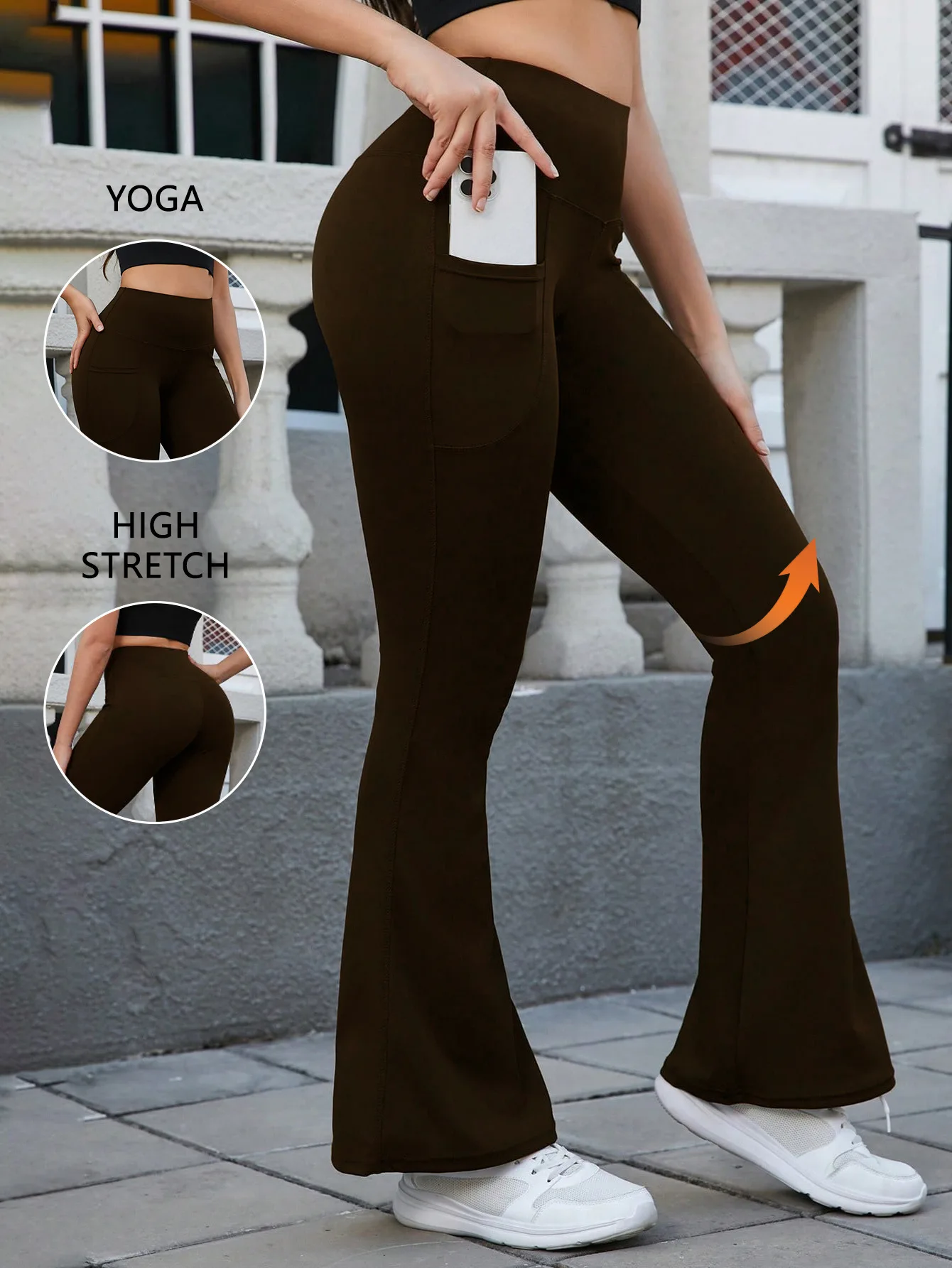 High-Waist Pocket Yoga Pants with Bell Bottoms Four-Way Stretch Soft Skin-Friendly Tummy Control Butt Lifting Sporty Casual Wear