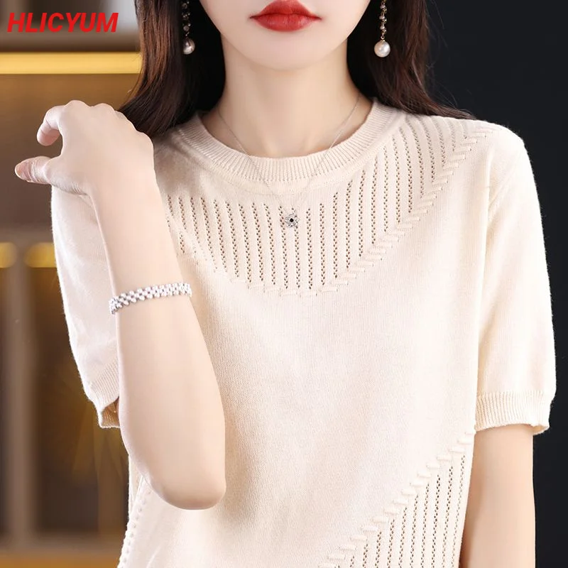 Women\'s T-shirt 2023 New 100% Cotton Short Sleeve Casual Solid Knit Pullover Ladies Tops Loose Tees Hollow Round Neck Blouse