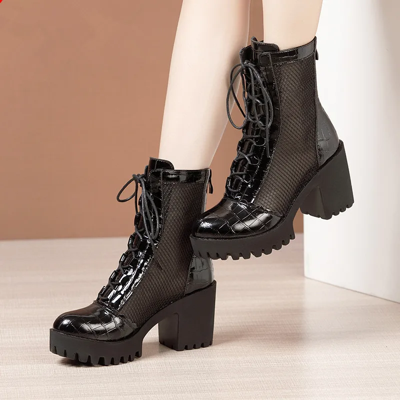 Plus Size 32-43 Lace up Genuine Leather Boots Women Shoes 2023 Summer Back Zip Medium Block Heel Cutout Boots Ladies Hole Shoe