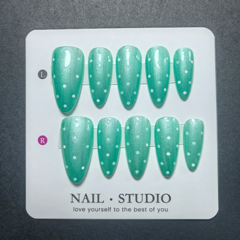 10Pcs Almond Cat Eye Press on Nails with Mirror Powder, Polka Dot Cherry Opal Design, Magnetic Chrome False Nails - view 5