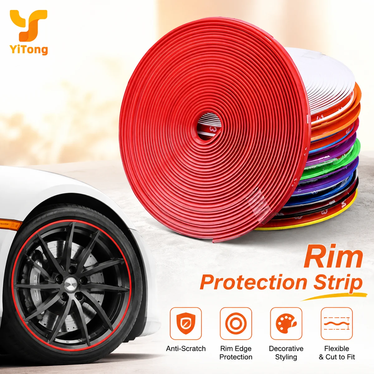 Yitong Car Wheel Rim Protector Strip 8m Self Adhesive Anti Scratch Rim Edge Trim Guard Fits 13-22 Inch Tires Decorative
