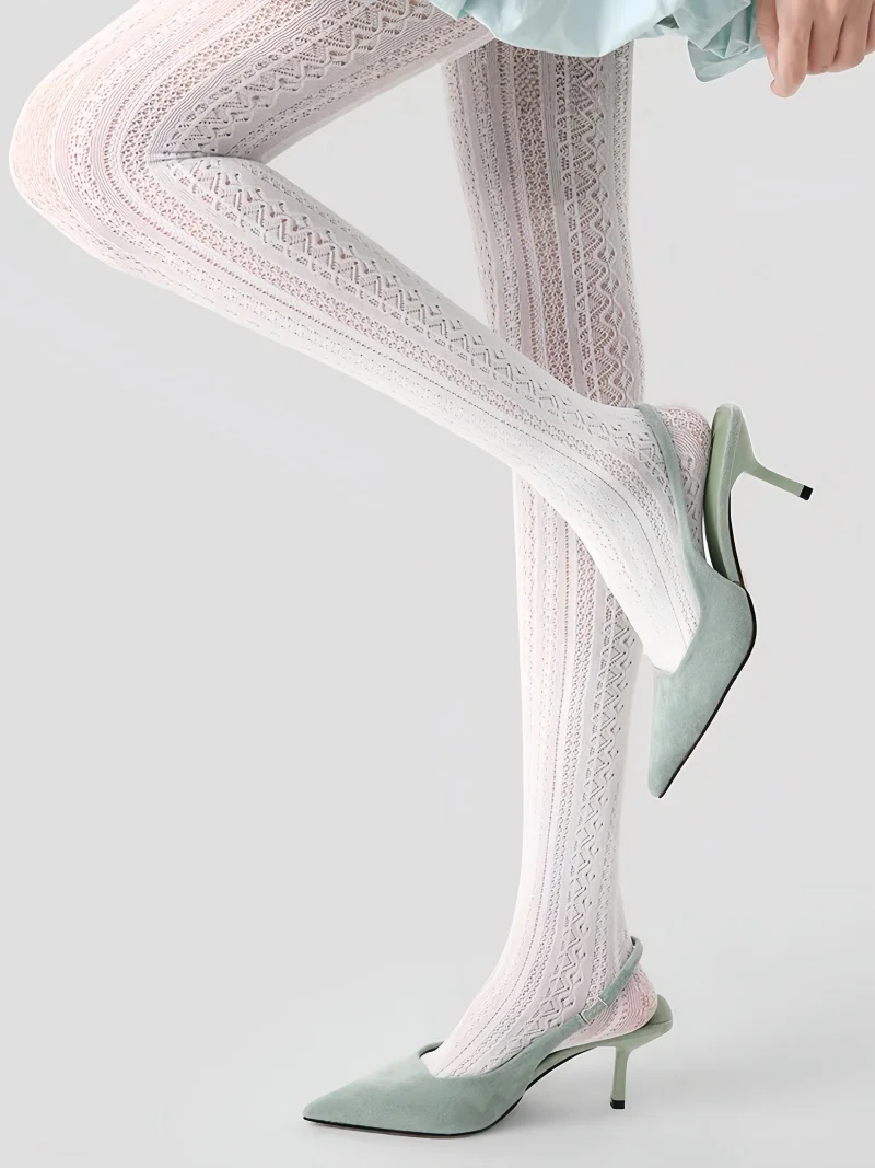 Сексуальные кружевные вязаные белые колготки в стиле Лолиты для женщин и девочек, осенние полосатые чулки, хит продаж, женские однотонные колготки в стиле Лолиты