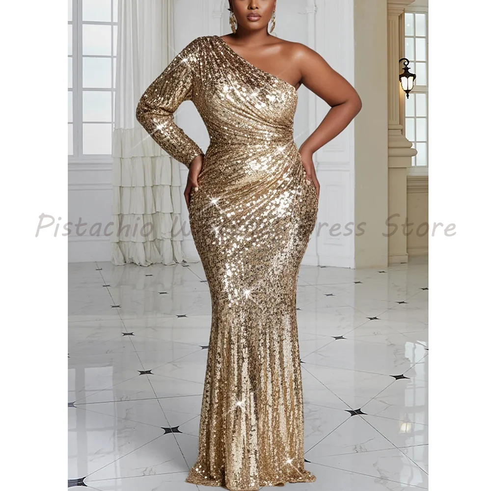 

Gold One Shoulder Sequin Mermaid Evening Dress 2026 Luxury Ruched Long Sleeve Formal Prom Gown For Plus Size Women