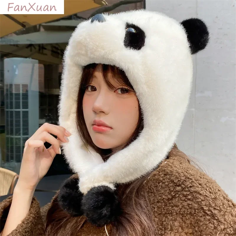 Cute Cartoon Panda Winter Hats with Earflaps for Women Plush Thickened Winter Cap Female