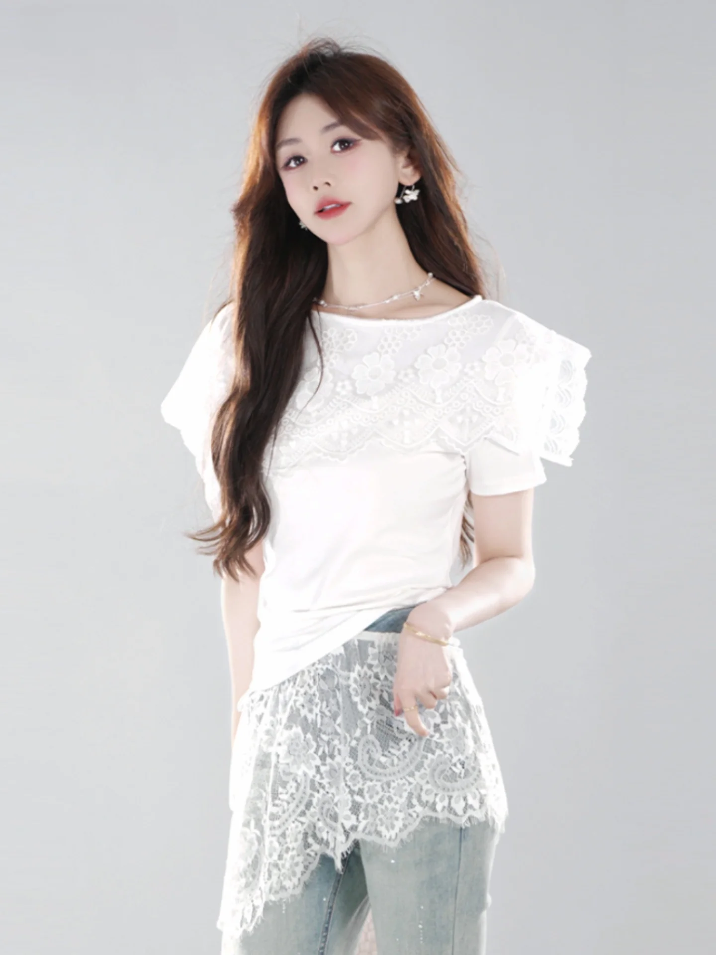

Slim Fit Lace Casual Fashion T-Shirt Annelily Angel Spring Summer Elegant Daily Wear Long Sleeve round Neck Button up Top